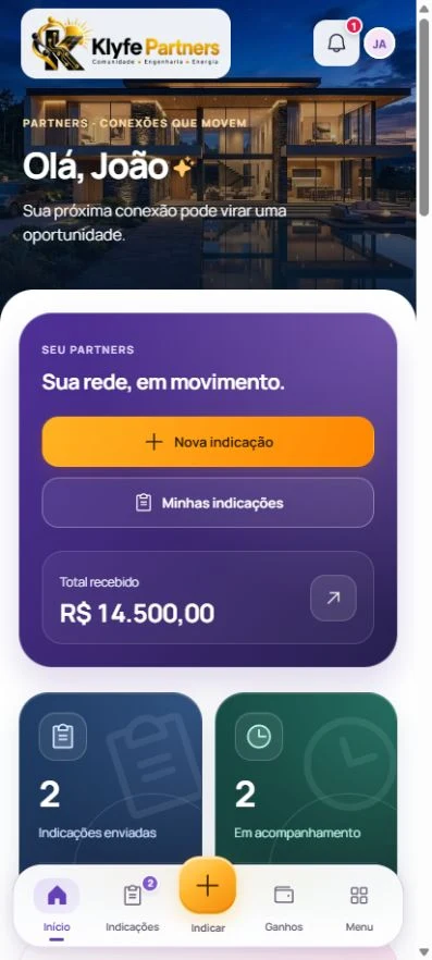 Prévia do Início do Partners, com ações de indicação e resumo da conta. Dados ilustrativos.